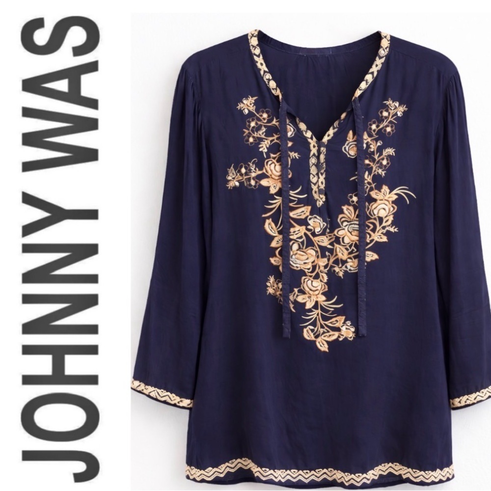 Johnny Was Navy Embroidered Boho Tunic Top | Floral Silk Blend
